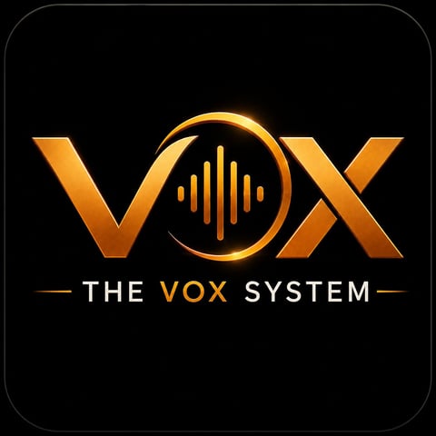 The VOX System logo featuring golden letters VOX with a circular speaker icon and text on black background
