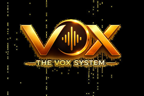 Golden VOX logo with sound wave icon and The Vox System text on black background with digital pattern