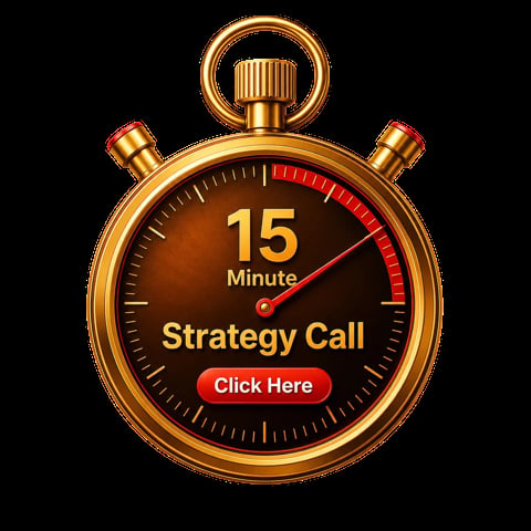 Gold stopwatch showing 15 minute strategy call timer with red Click Here button on black background